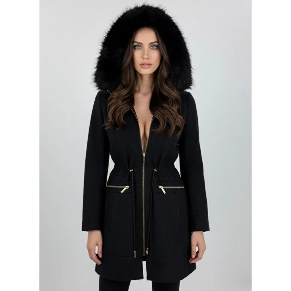Laundry By Shelli Segal Black Wool Faux Fur Trim Hooded Coat | Cozy Quiet Luxury - Picture 9 of 16